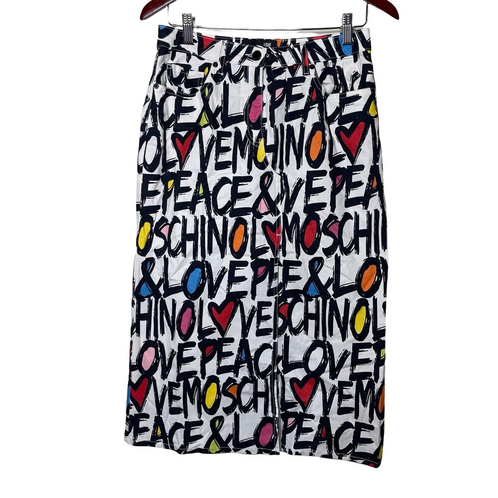 Love Moschino Multicolor All Over Love & Piece white midi pencil skirt sz US 4